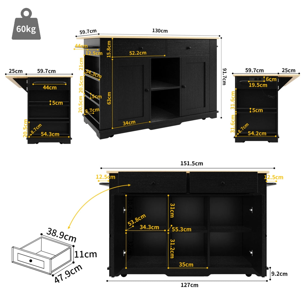 Isola da cucina pieghevole con prese; 2 cassetti e 6 vani; MDF e metallo; nero/naturale