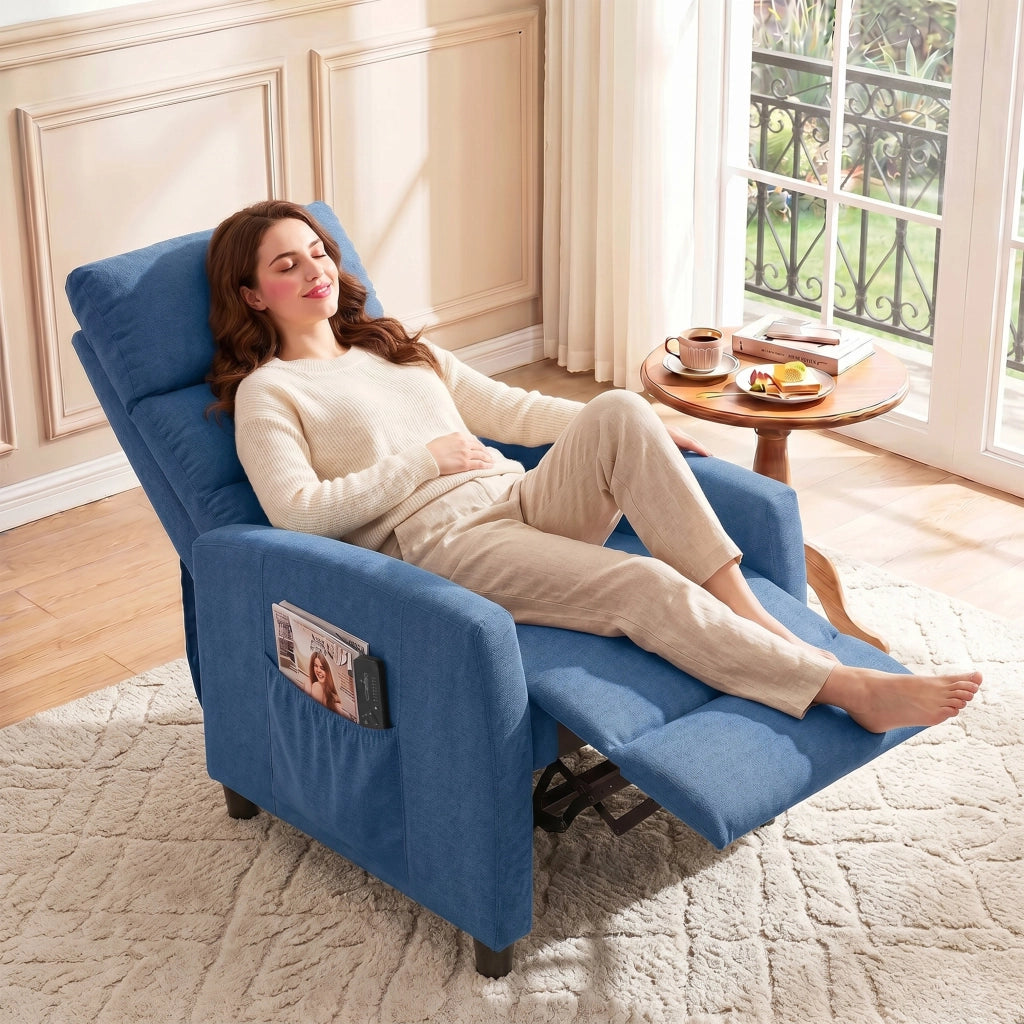 Poltrona Massaggiante e Reclinabile a 160° con Poggiapiedi e Telecomando, 66x91x108 cm, in Ciniglia Blu Scuro