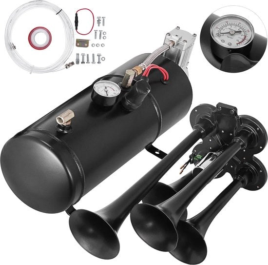 Sirena Auto con Compressore 12 Volt - 150 Decibel - 4 Fischietti - Nero