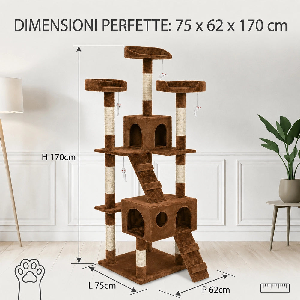 Tiragraffi per Gatti Albero Sisal Parco Giochi Gatto Tira Graffi 170cm Marrone