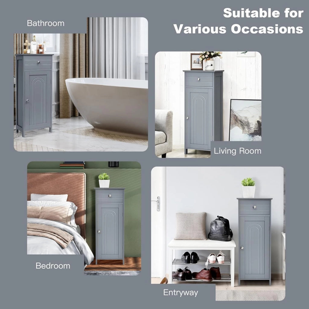 Armadietto Bagno da Terra, Mobiletto a 3 Ripiani con Anta, Cassetto, Manico, Spazio Interno Flessibile, Compatto e Salvaspazio, 35,5x30,5x88 cm, Bianco/Marrone/Grigio/Nero