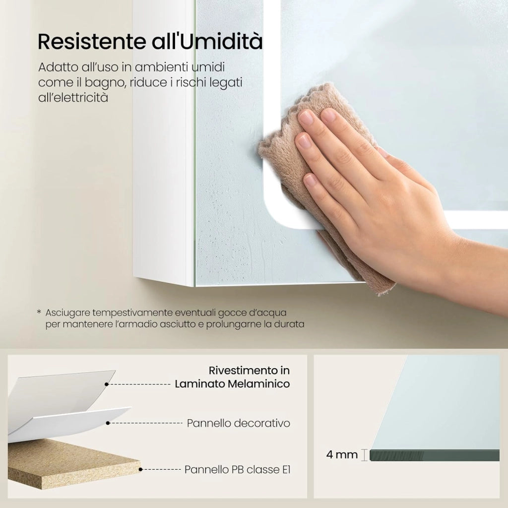Mobile Bagno con Specchio e Luce, Armadietto Bagno a 3 Porte con Ripiani Regolabili, Ganci e Prese, Luce Tattile a 3 Colori, per Appartamento, Bianco, 100x14,5x60 cm, Nordico