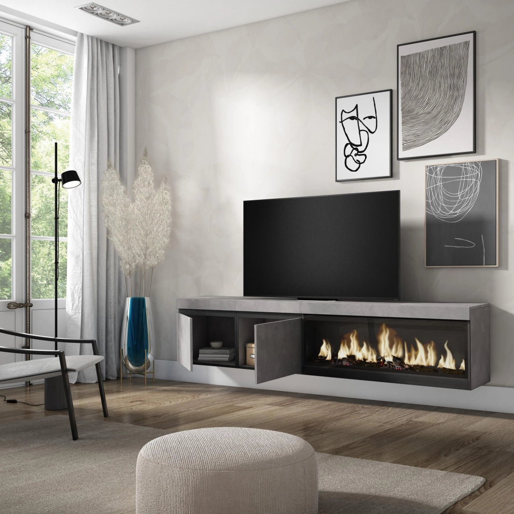 Mobile TV, Soggiorno, 208x35x45cm, Per TV fino a 80", Camino elettrico XXL, da appendere, grigio cemento RF3208