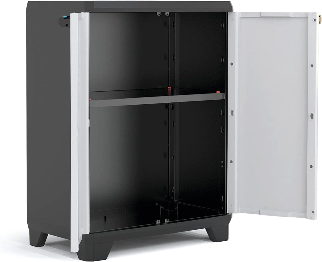Armadio Basso in Resina per Esterno con 1 Ripiano Regolabile Colore Grigio e Nero Linear Keter