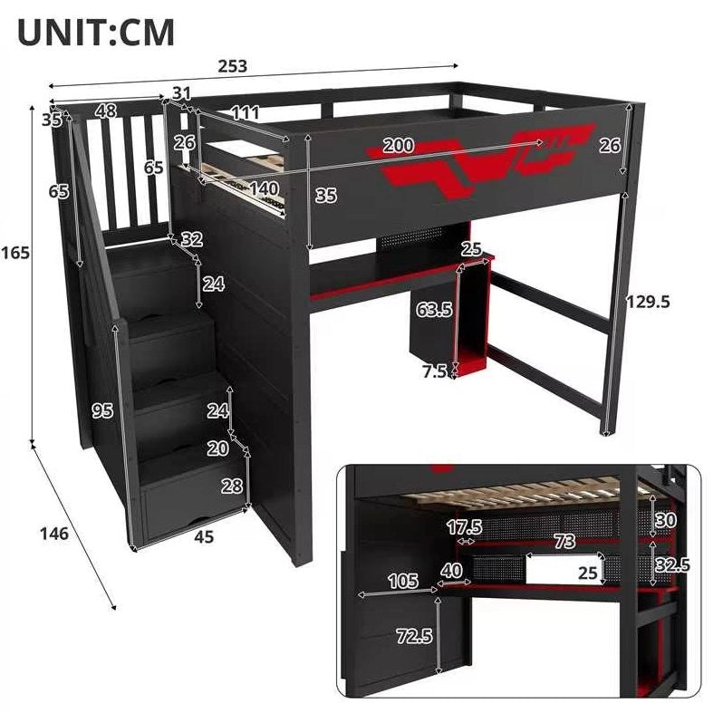 Letto a soppalco 140x200 cm con scrivania, scala contenitore, LED e USB