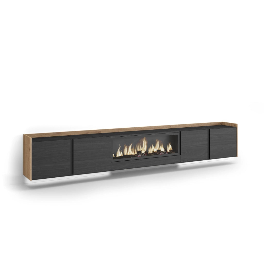 Mobile TV Soggiorno, 315x50x35 cm, Per TV fino a 80", Camino elettrico XXL, Sospeso, da appendere, LED, Nero e rovere