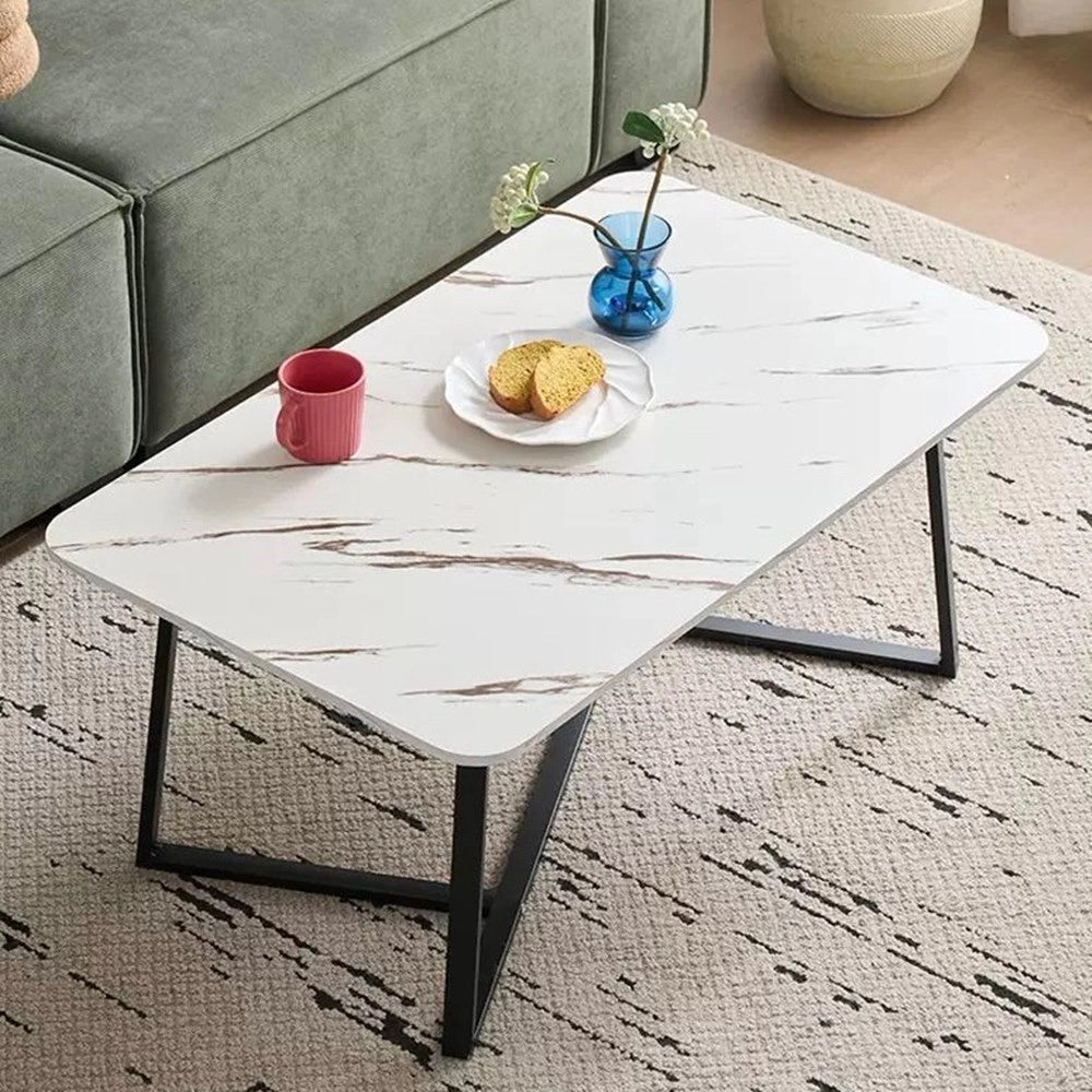 Trade Shop - Tavolino Rettangolare Basso Con Piano Effetto Marmo Gambe Incrociate Per Soggiorno Salotto -