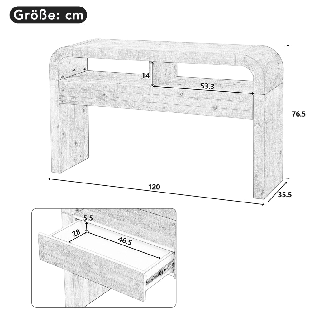 Consolle con 2 cassetti e vani aperti, piedi regolabili, per ingresso e soggiorno, in MDF, naturale 120 × 35.5 × 76.5 cm