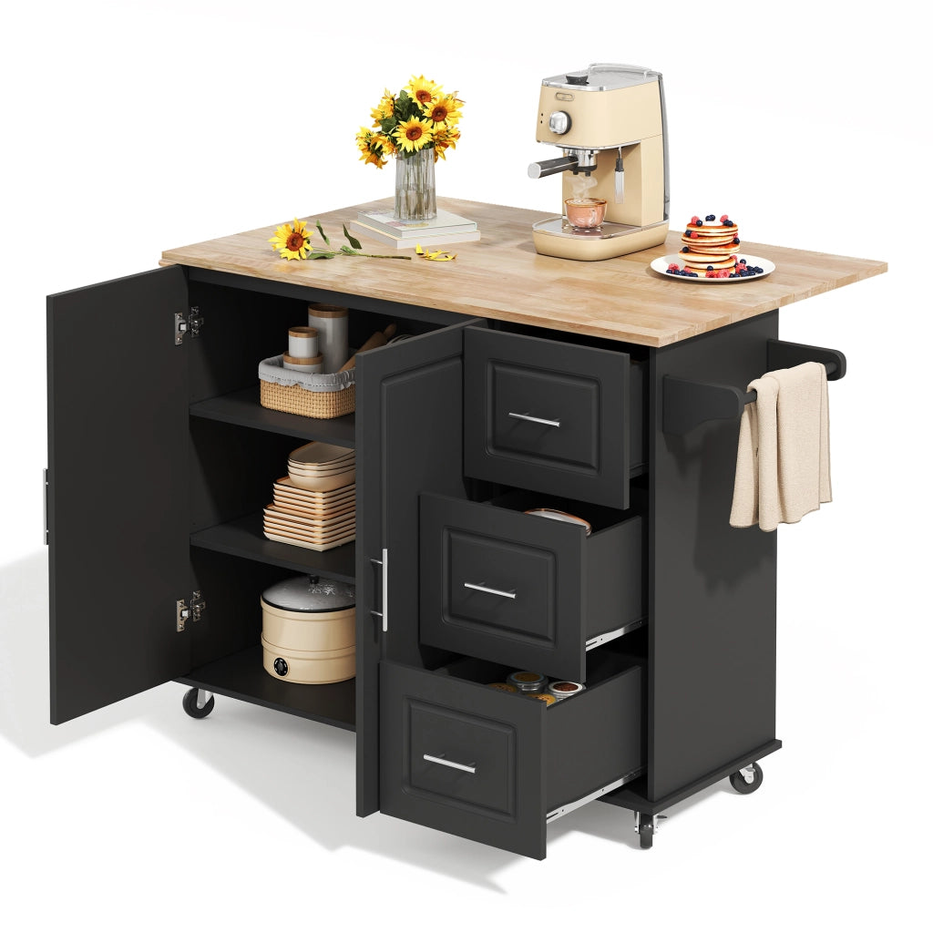 Isola da cucina mobile pieghevole con piano in effetto rovere, 3 cassetti, armadio a 2 ante e porta asciugamani, nero