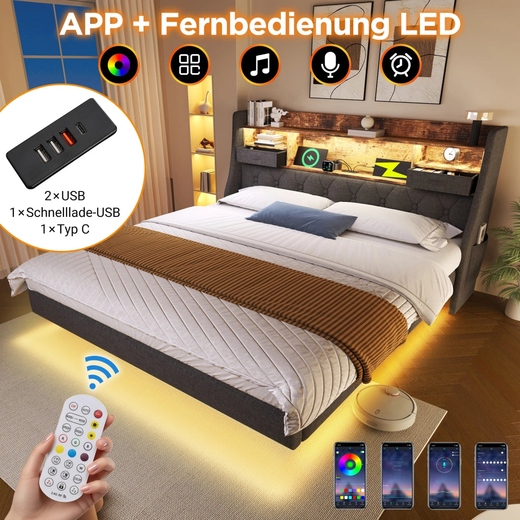OKWISH Letto Contenitore 160×200 cm, Letto Matrimoniale con LED Regolabile, USB, Type C e Testiera con Vano Portaoggetti, Materasso Incluso, Lino, Grigio