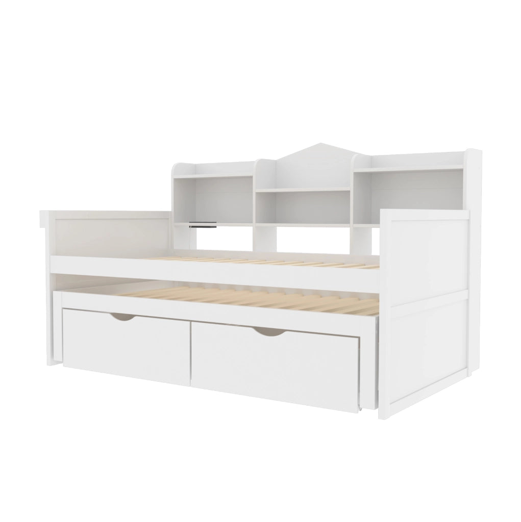 Letto singolo multifunzione estraibile 90x200 cm; bianco; con 2 cassetti e porta USB