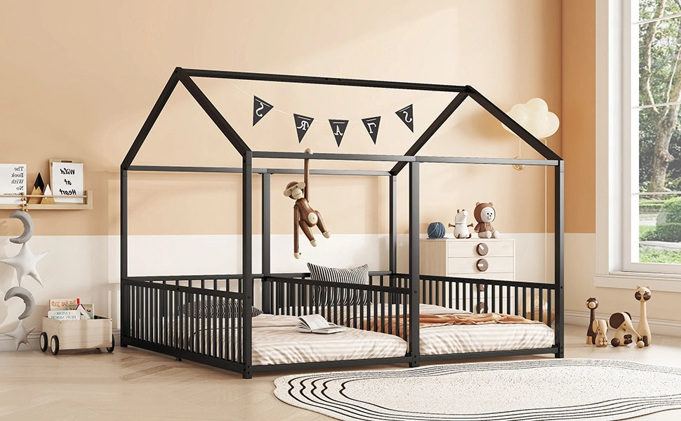 DESMIU Letto a castello 2 posti con sponde, scala e struttura a casetta, 90 × 200 cm, senza materasso, nero
