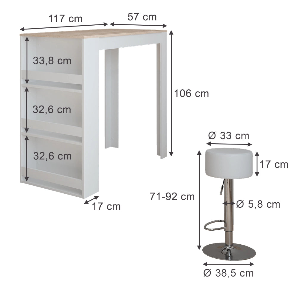 Vicco tavolo bar con sgabelli Bianco/Sonoma 57 x 117 cm con 2 sgabelli da bar