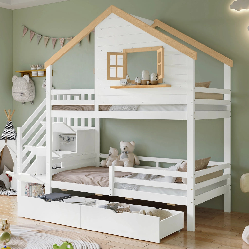 Letto a Castello 90x200 cm con Scala Contenitore; Finestra Apribile e Cassetti