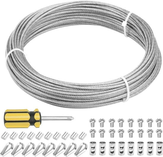 Cavo elettrico in acciaio inossidabile 20 m - Kit di cavi - Cavo metallico con connettore - Cavo di supporto - Aiuto scalata - Impermeabile e resistente alla corrosione