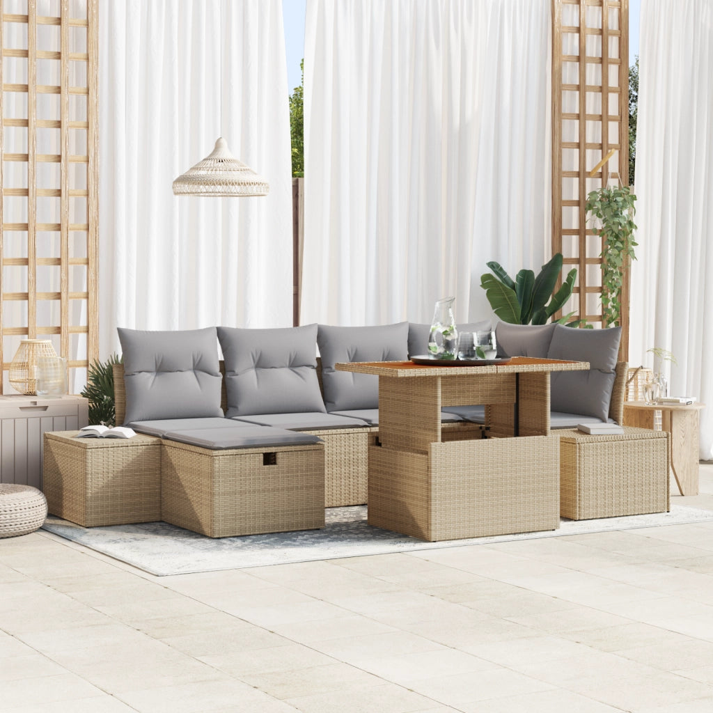 Set da Pranzo Giardino 7 Pezzi con Cuscini Beige Polyrattan Acacia