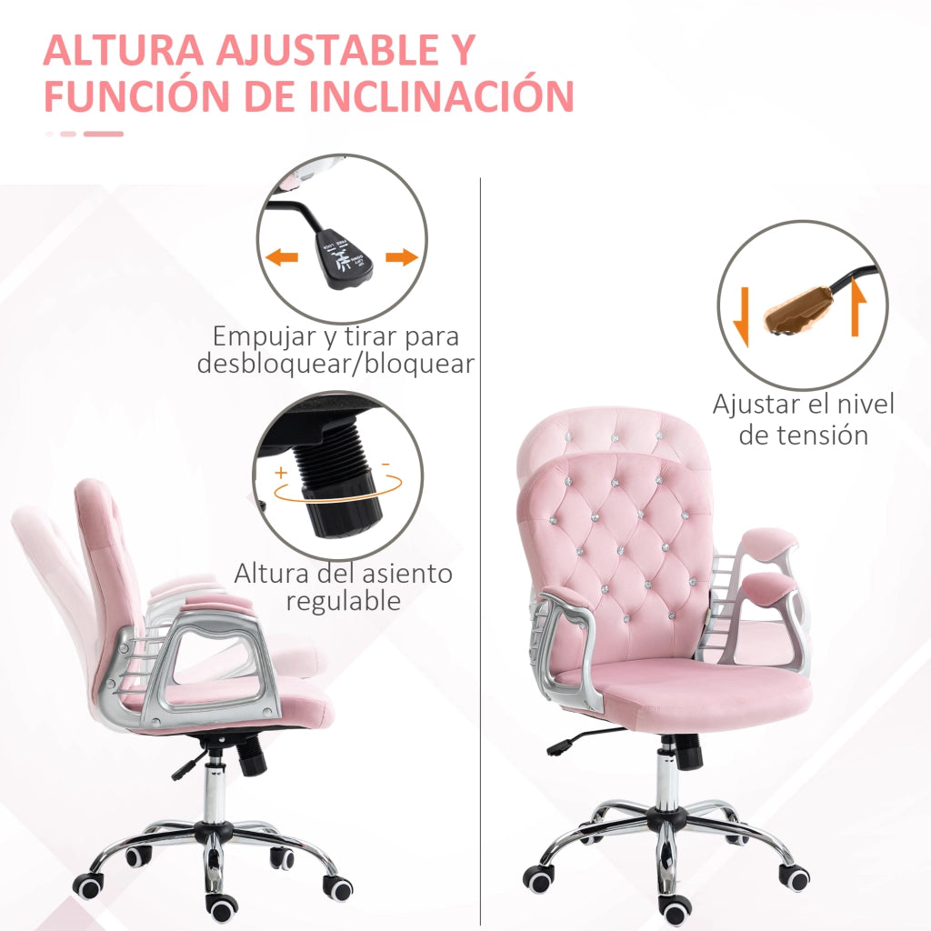 Sedia da Ufficio in Velluto con Braccioli e Schienale ¨C zephmum ¨C Rosa 59.5x60.5x93-103 cm