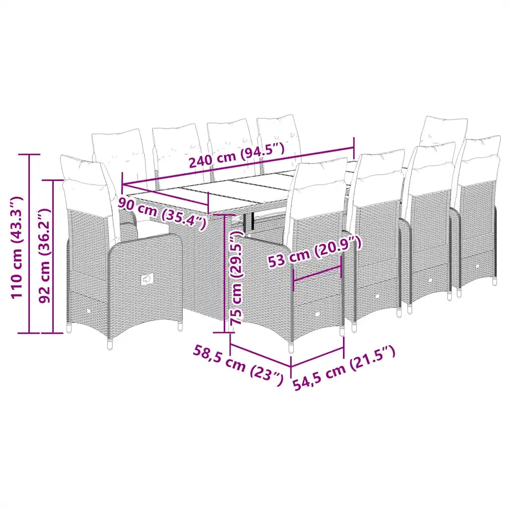 Set BistrÃ² da Giardino 11 pz con Cuscini in Polyrattan Grigio