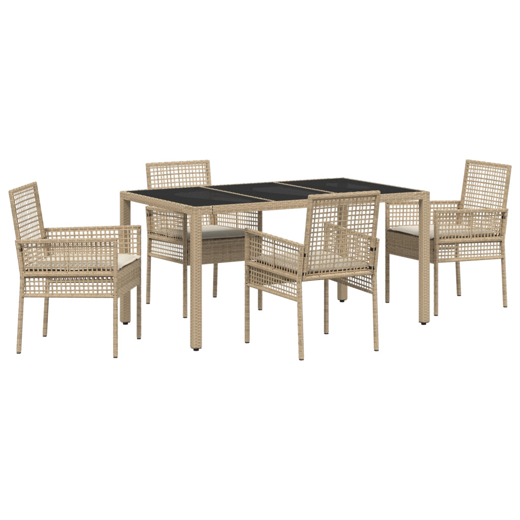 Set da Pranzo da Giardino di 5 Pezzi con Cuscini Beige in Rattan Sintetico