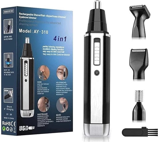 Trimmer per naso - 4-in-1 - Caricabile via USB - Sistema di pulizia umido e secco - Rimuovitore di peli nasali senza dolore - Trimmer per orecchie -
