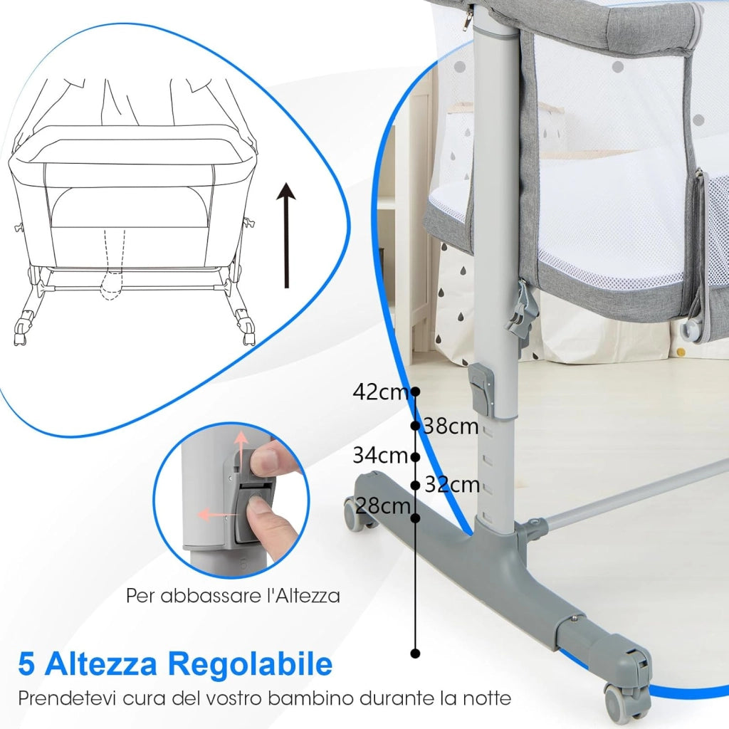 3 in 1 Culla Neonato Fianco Letto, Lettino Neonato Dondolo con Materasso, Culla Co-Sleeping Fino a 9 kg, Altezza Regolabili, 84 x 59,5 x 80,5cm (Grigio)