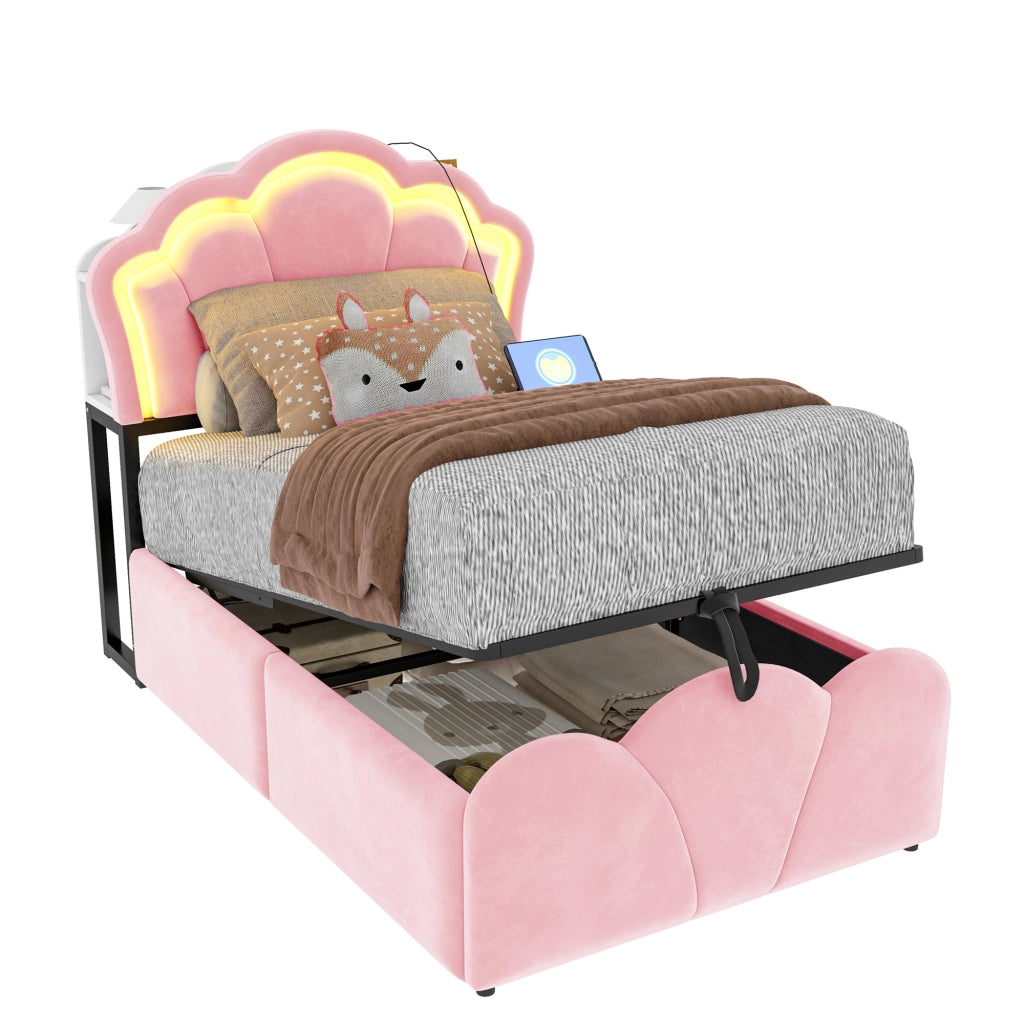 LETTO imbottito 90x200 cm in velluto rosa con LED, prese e contenitore idraulico