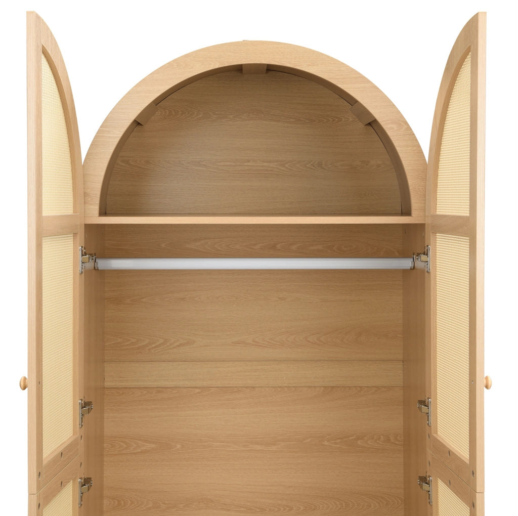 Armadio con ante curve; asta appendiabiti e cassetti; 80x50x179 cm; naturale