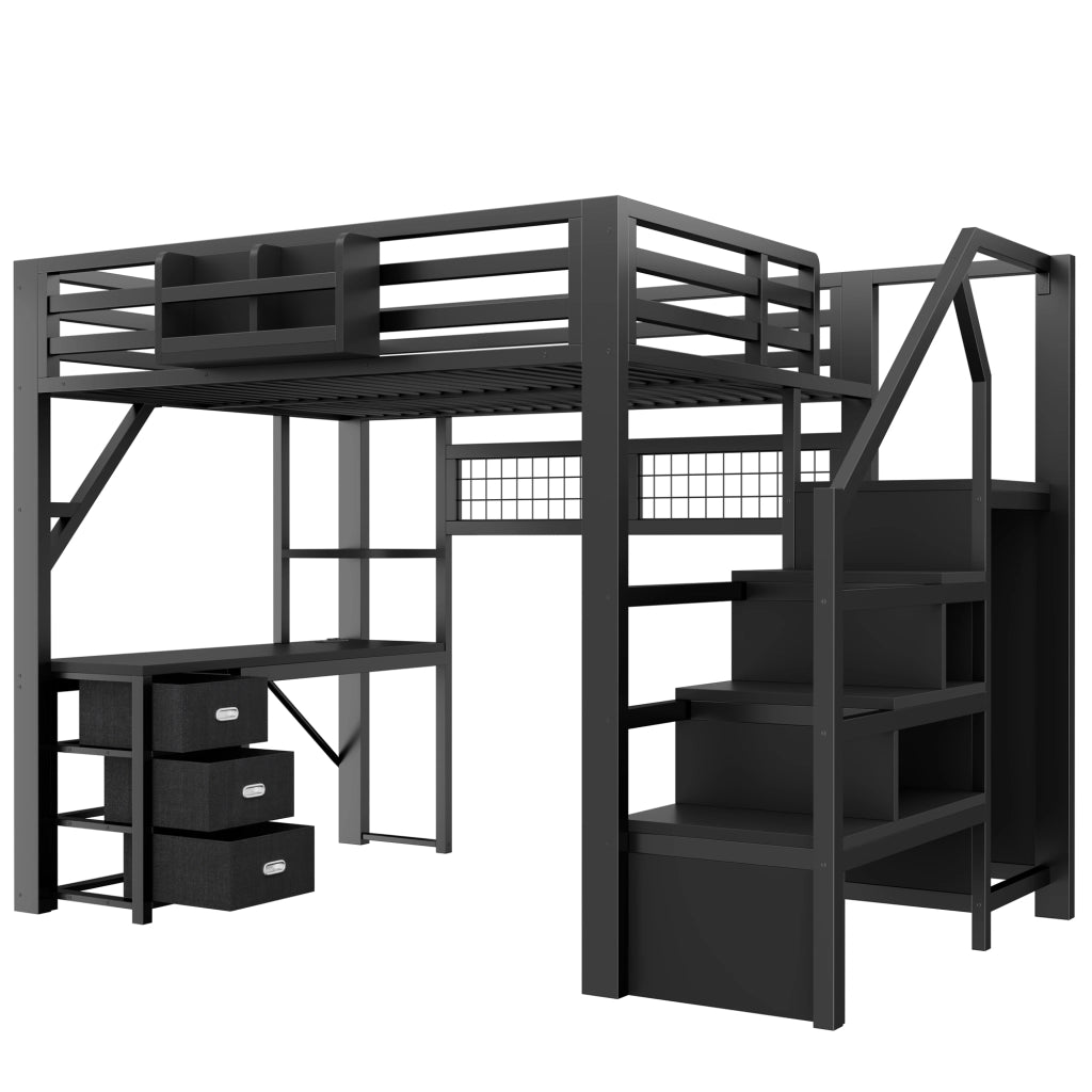 Letto a soppalco in metallo 140x200 cm con scrivania; 3 cassetti; mensole; armadio/guardaroba e LED; nero