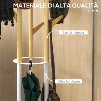 Appendiabiti da Terra di Design con Portaombrelli e 12 Ganci, Metallo e Bambù, 30.5x30.5x174.5cm, Legno e Bianco