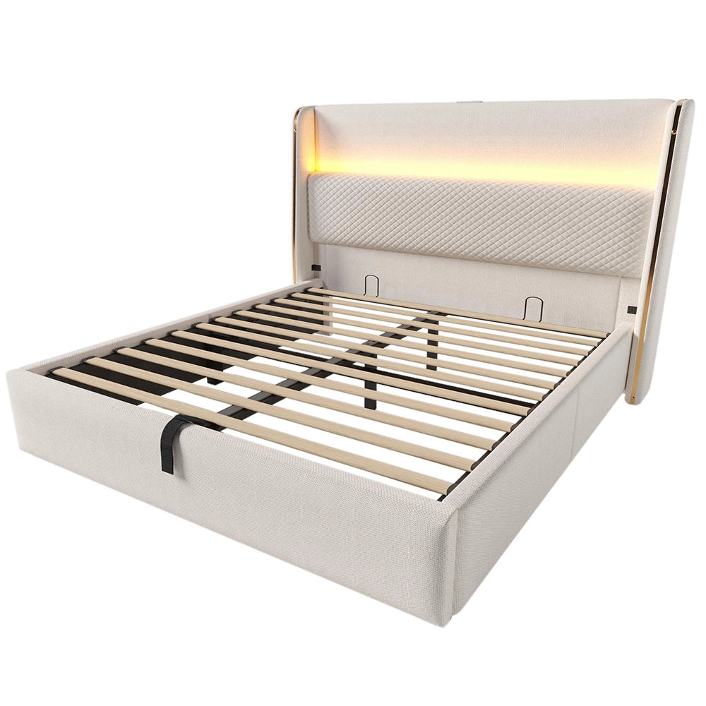 Letto Matrimoniale Moderno 140x200cm - Xylo - Testiera Alta Idraulica LED e USB, Tessuto Lino Beige