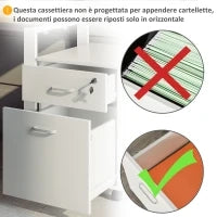 Cassettiera Ufficio a 2 Cassetti con Serratura e 5 Ruote, in Truciolato, 40x49x58 cm, Bianco