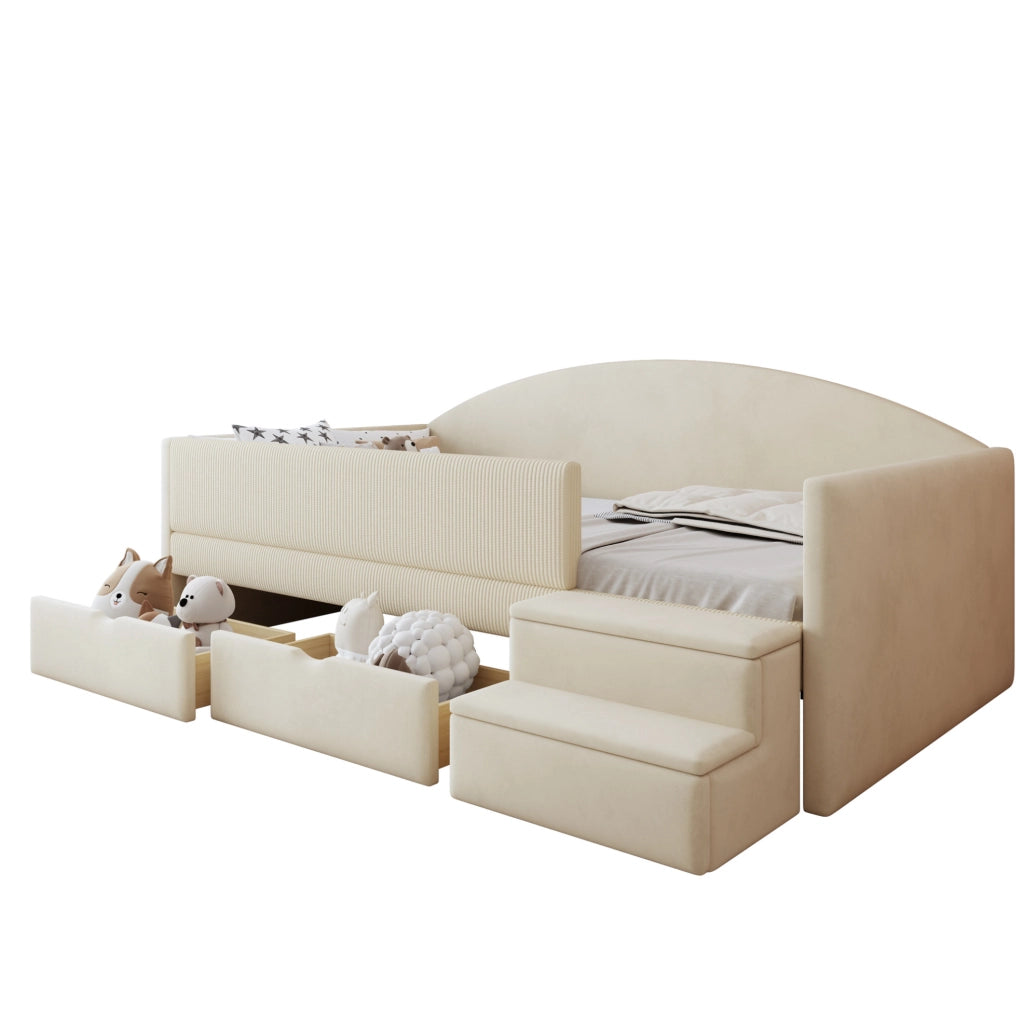 Letto imbottito 90x190 cm con cassetti e gradini in velluto beige