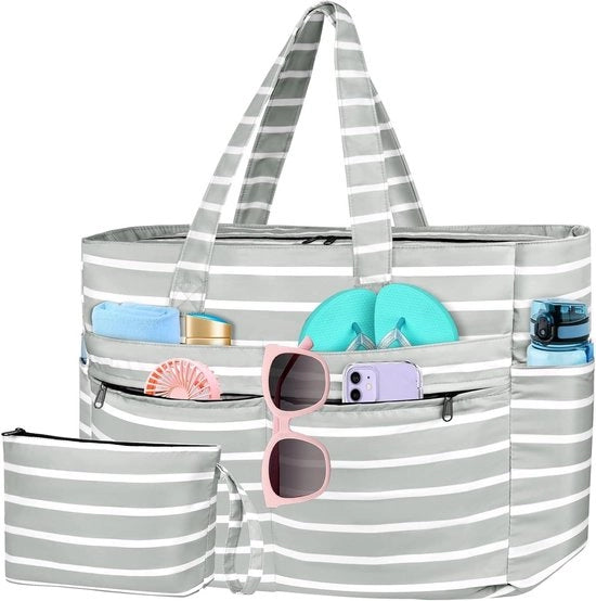Borse da spiaggia per donne XXL - Tote da spiaggia acqua resistente extra grande per famiglia con chiusura a zip e più tasche, leggere e pieghevoli - Ideale per viaggi e vacanze