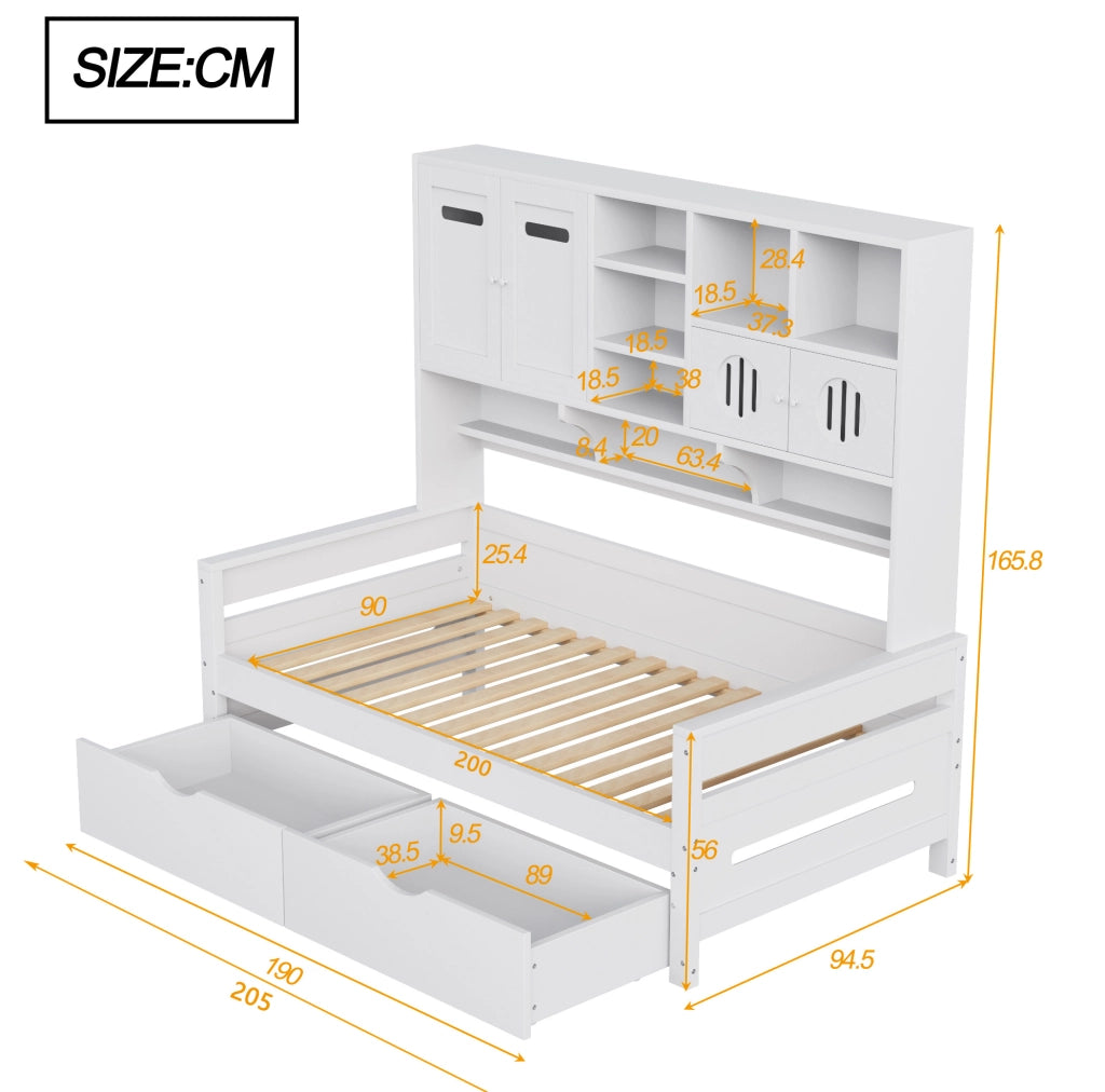 Letto singolo 90x200 in legno bianco con cassetti, armadietti e ripiani