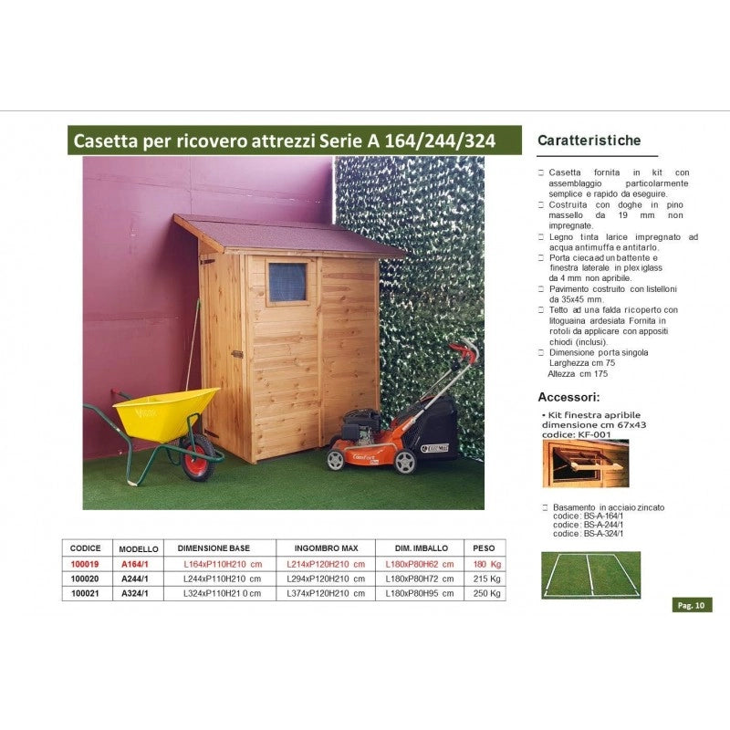 Casetta da Giardino in Legno di Pino da Esterno  con Pavimento, Ricovero Attrezzi, Doghe spessore 19mm - Articolo A164/1  - 100019