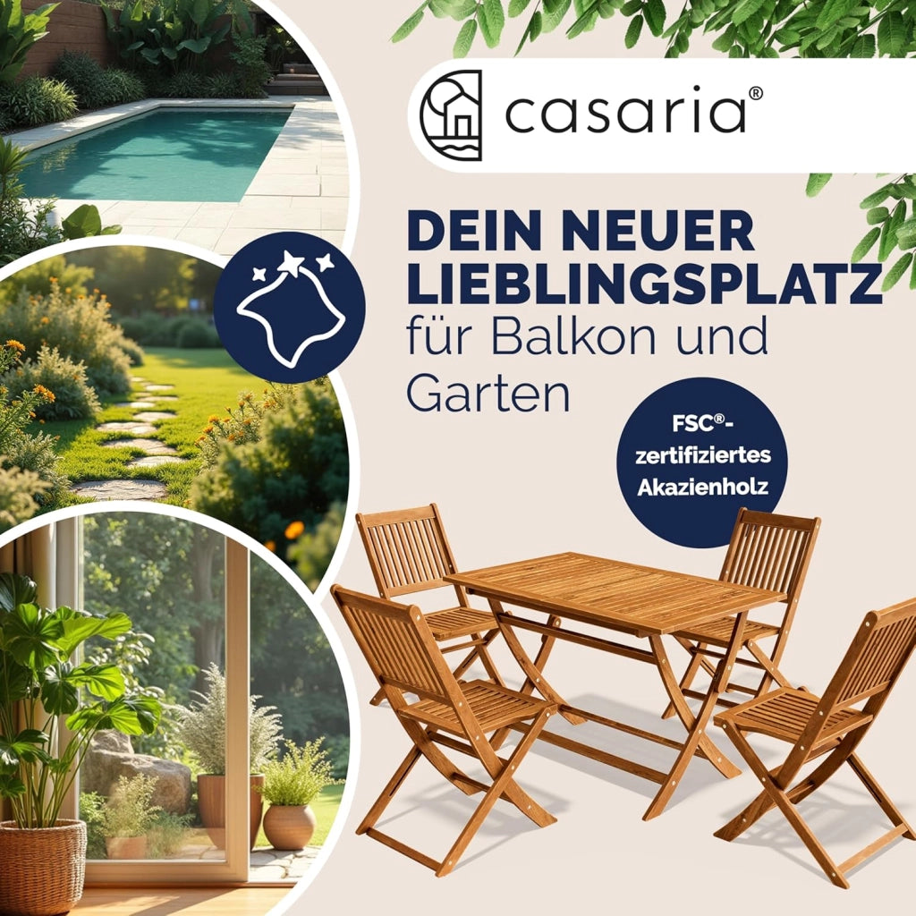 ® Set di Mobili da Giardino 5 Pezzi Modello 2026 - NOVITÀ: Tavolo Extra Stabile con Rinforzo in Legno di Acacia FSC®, 4 Sedie Pieghevoli per Giardino Balcone Esterno