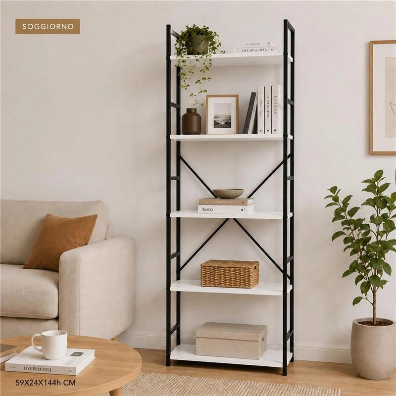 LIBRERIA STILE INDUSTRIAL A 5 RIPIANI IN LEGNO E METALLO DIMENSIONI 59X24X144CM - COLORE BIANCO LEGNO