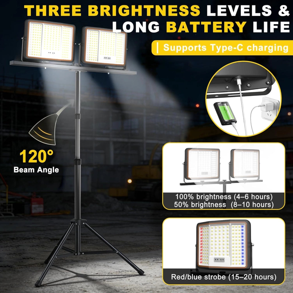 2 faretti a LED a batteria da 200 W, 16000 lm, super luminosi, ricaricabili, con cavo di ricarica USB‑C da 2 m, per garage, officina o cantiere