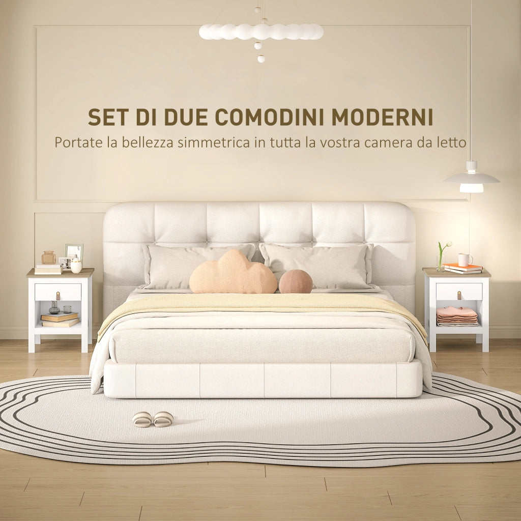 Set 2 Comodini con Cassetto e Ripiano Aperto 45x40x55 cm in Legno Bianco e Rovere