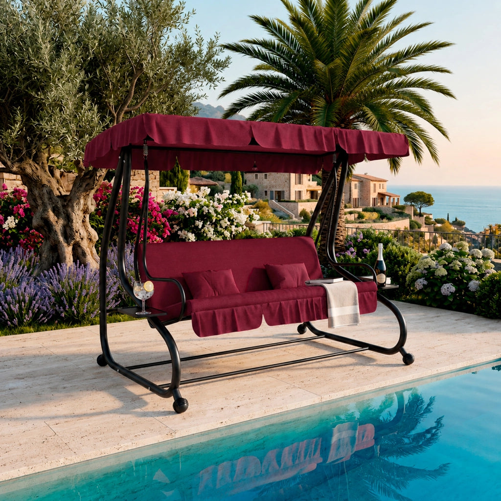 Dondolo Da Giardino 3 Posti Schienale Regolabile Tetto Ombreggiante Cuscinatura Comfort Imbottita Convertibile In Letto Per Esterno Balcone Patio 200 x 120 x 160 Cm Bordeaux
