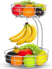 Fruitiera a doppia pianta con contenitore per banane - ciotola per frutta da cucina quotidiana - ciotola per frutta moderna - ciotola per verdure metallica pratica - colore argento