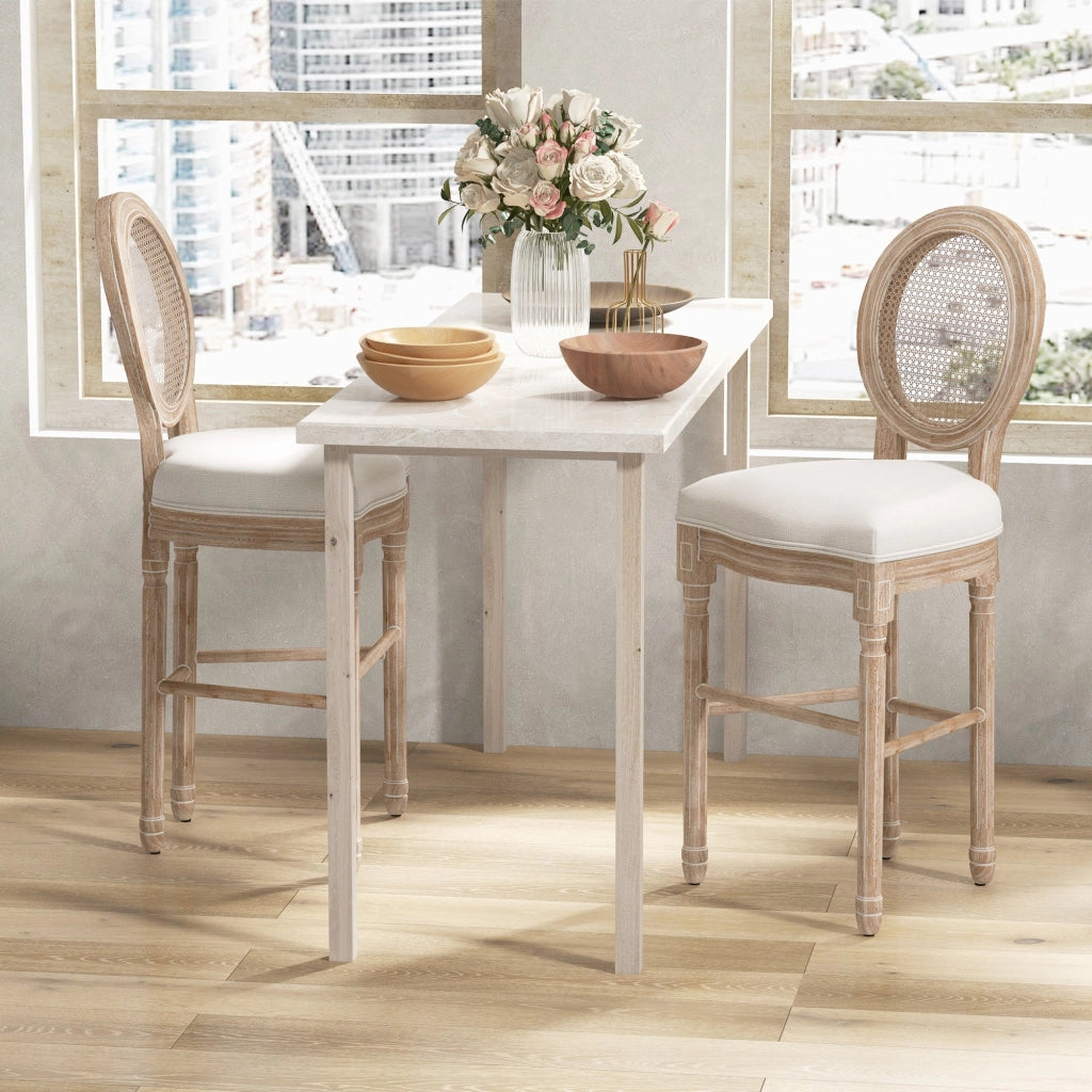 Set 2 Sgabelli da Bar con Schienale Cuscini e Poggiapiedi 48x56x118 cm in Legno e Poliestere Crema