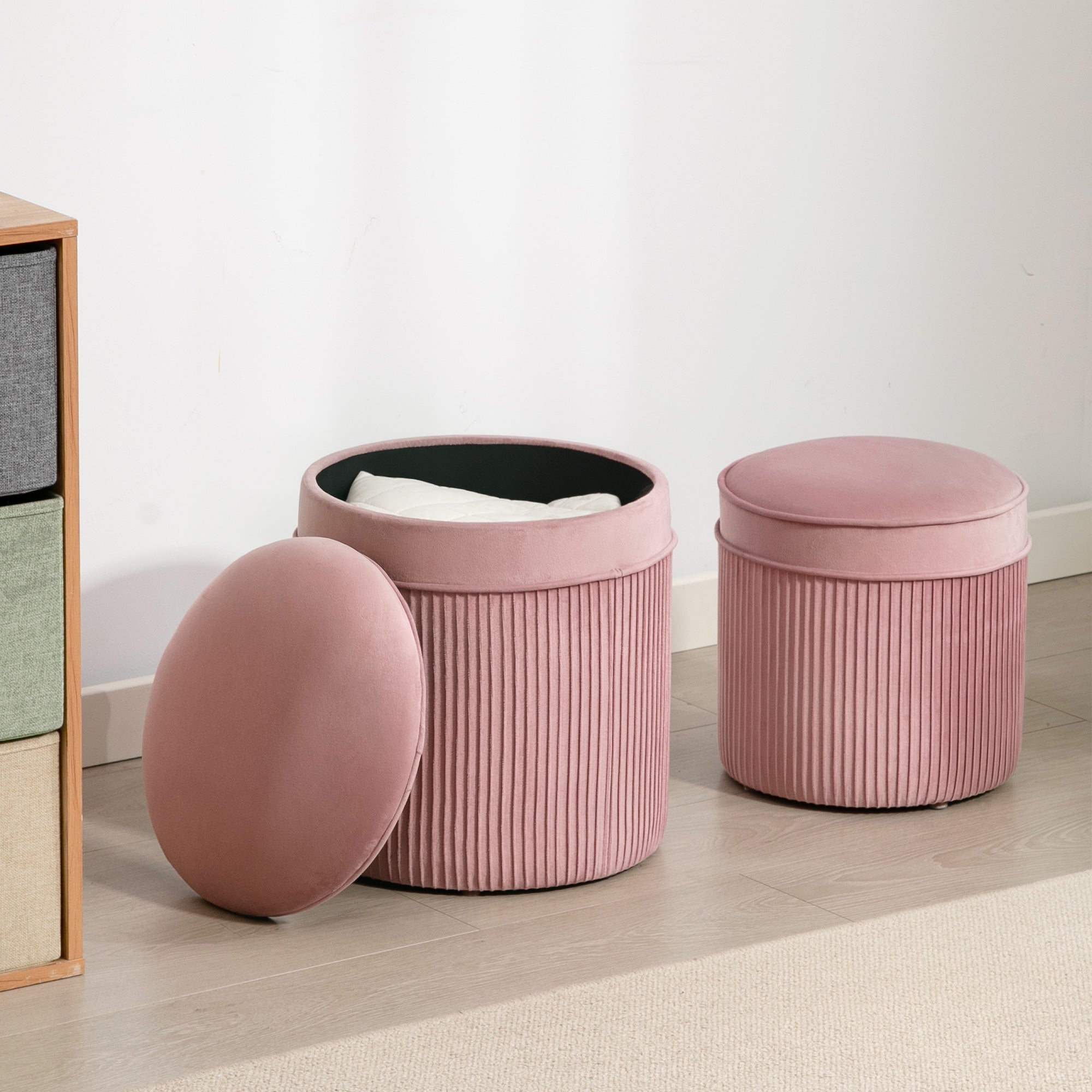 Set 2 Pouf Poggiapiedi Rotondi Impilabili Contenitore da 34.8L Imbottiti con Rivestimento in Velluto Rosa