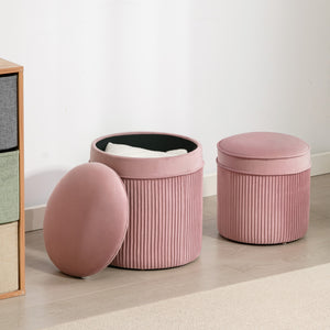 Set 2 Pouf Poggiapiedi Rotondi Impilabili Contenitore da 34.8L Imbottiti con Rivestimento in Velluto Rosa