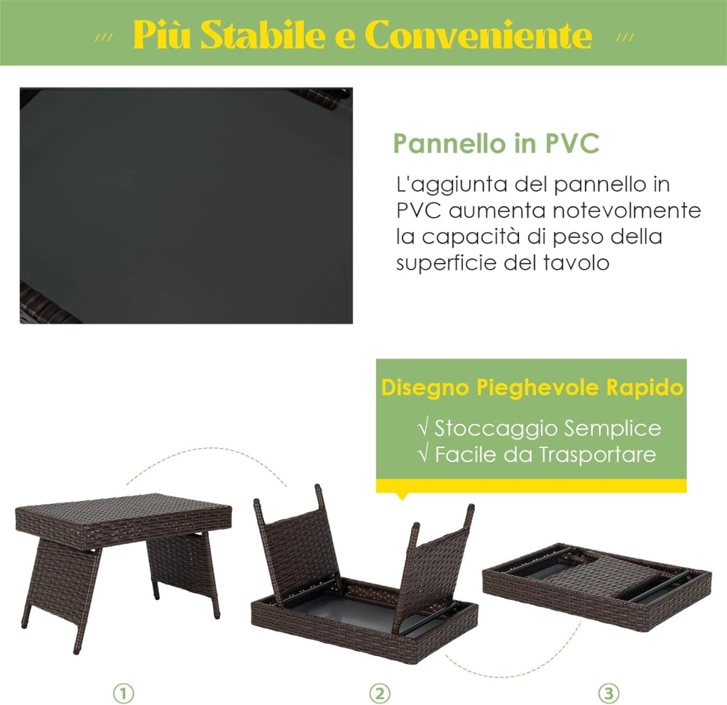 Tavolino da Caffè Rettangolare in Vimini Pieghevole, con Struttura in Acciaio Resistente e Cuscinetti Antiscivolo, Utilizzabile da Interno e Esterno (Marrone)