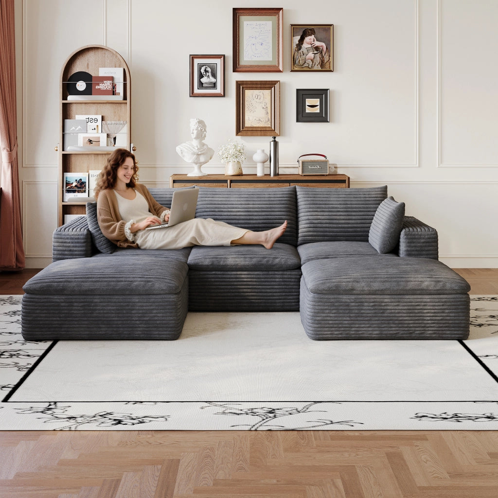 Divano 260 cm in Tessuto a Coste ¨C MINIMAL ¨C Grigio Scuro, Imbottito, Senza Montaggio