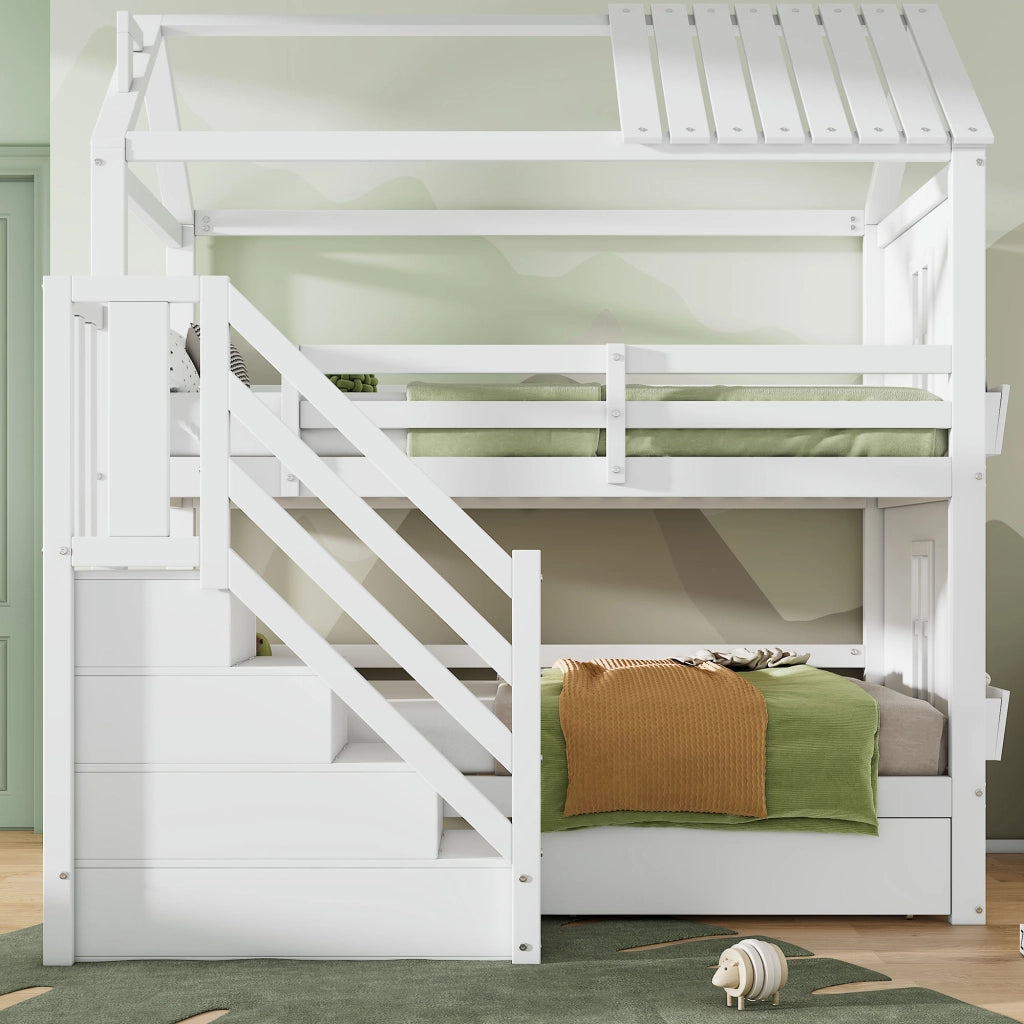 Letto a castello per bambini 90x200 cm con scala contenitore, cassetti e ripiani, senza materasso, bianco