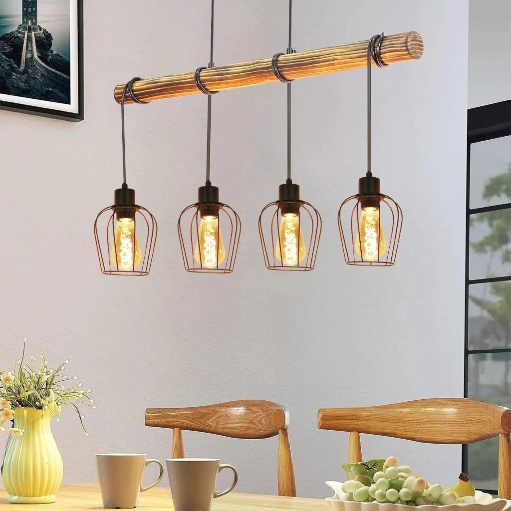Lampada a sospensione ZMH retr¨° vintage 4 luci in legno design industriale regolabile