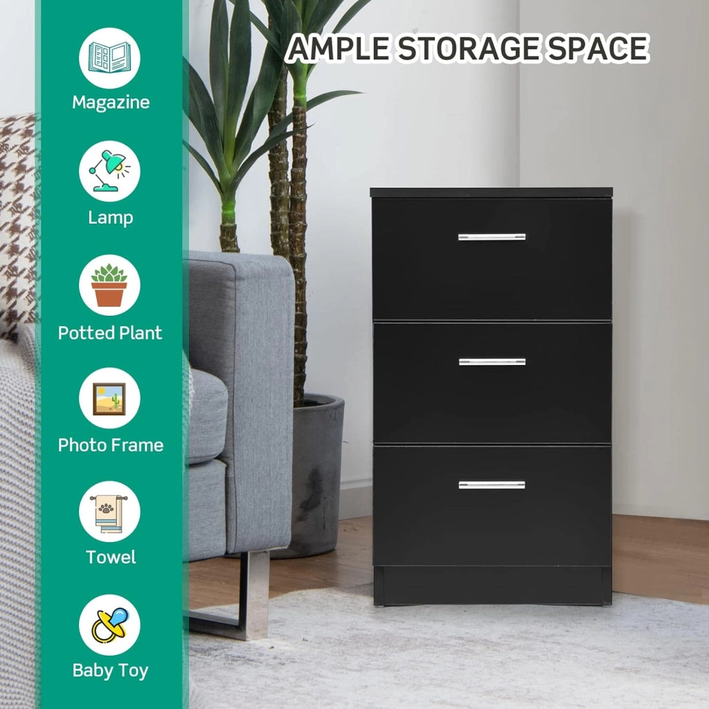 Comodino Camera, Armadietto Laterale, Mobiletto Fianco Letto, con 3 Cassetti, per Ufficio/Soggiorno/Studio, Portata di 80kg, 38x35x67cm, Nero/Bianco