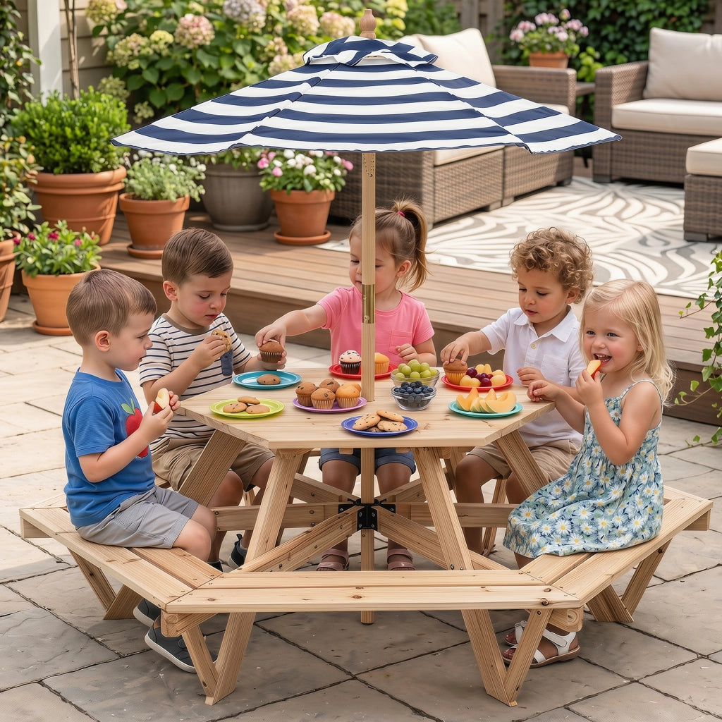 Tavolo da picnic esagonale massello 6 panche ombrellone regolabile, Tavolino per bambini 3-8 giardino balcone cameretta